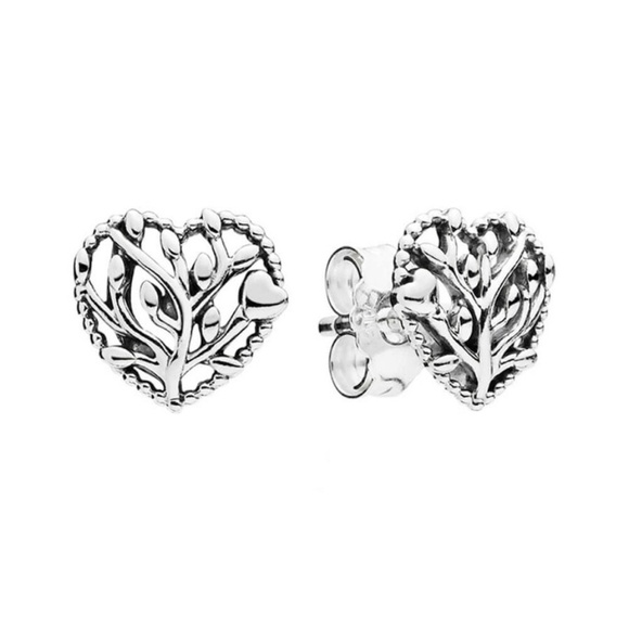 Pandora Family Tree Heart Stud Earrings In Sterling - Picture 1 of 3